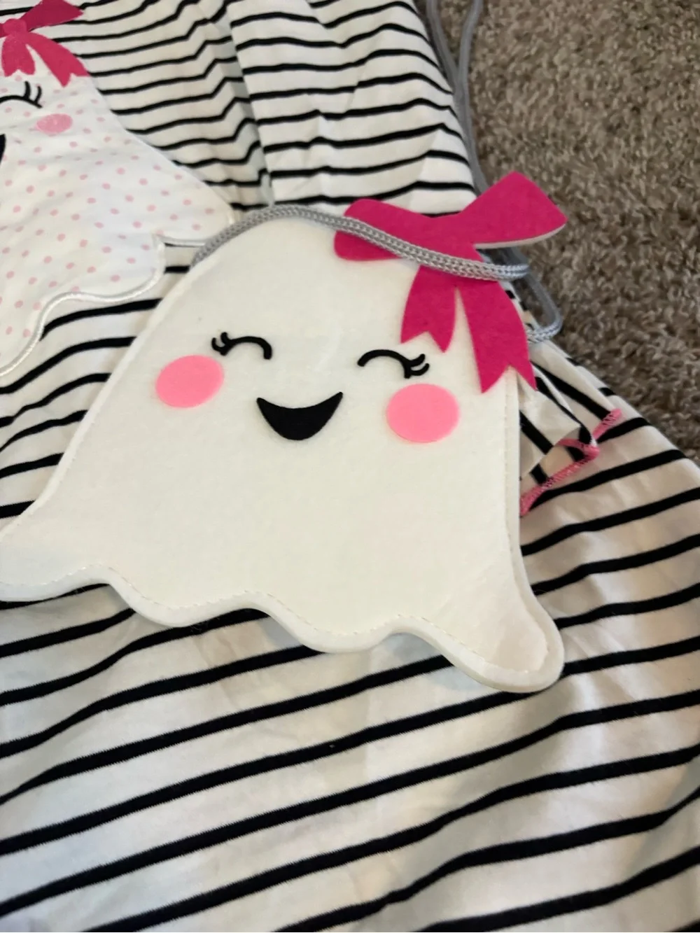 Girls' Black & White Striped Dress with Pink Ghost Accents